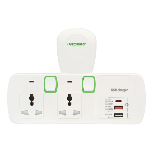 [84309] Terminator 2 Way Universal T Socket With 3USB (A & C Type), Individual Switch And Indicator