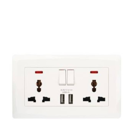 [84834] Terminator  Wall Plate with 2 Universal Sockets, Switches, Neon Indicators and 2 USB