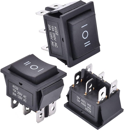 [86247] Rocker Switch 6 pin 2 way On Off On black housing,black button,"I O II" marked