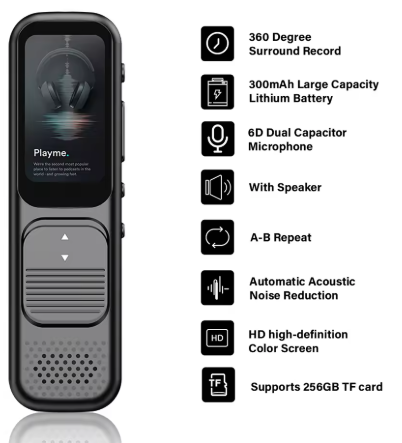 [86318] AI Voice Recorder with APP Transcription Voice Activated 100Language Translator Audio Dictaphone Magnetic Noise Reduction Player (32GB)