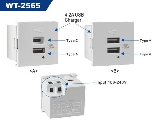 [86492] USB Charger (4.2A) 45x45mm Dual Port (Type A + Type C)